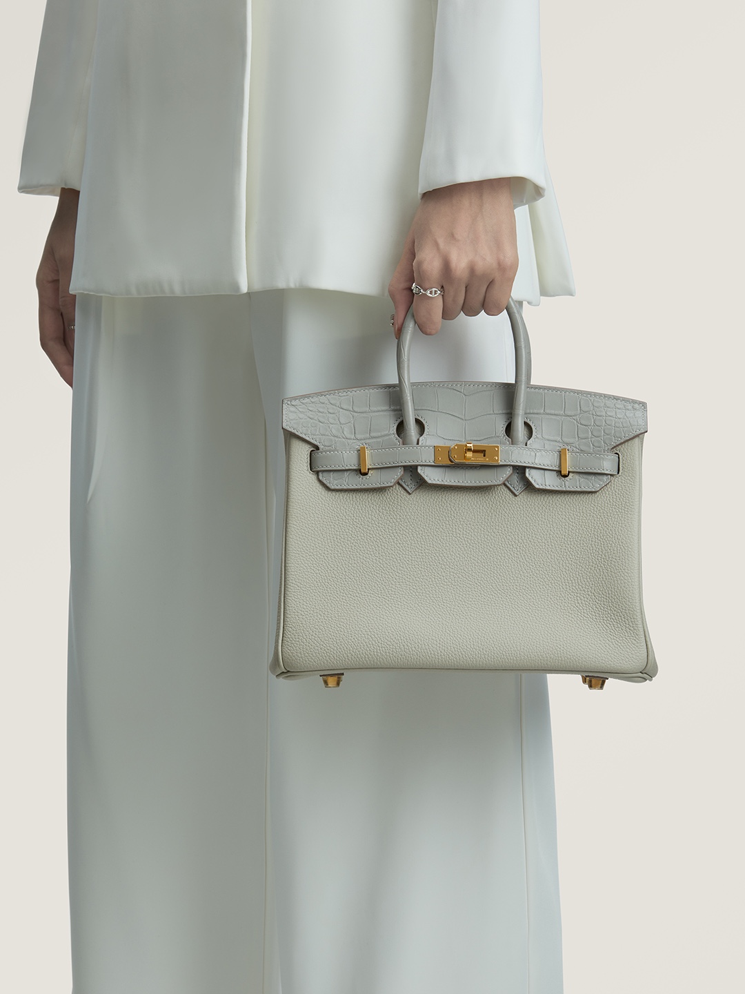 Hermes Touch Birkin 25CM Bag In Light Grey Togo and Matte Alligator Crocodile Leather